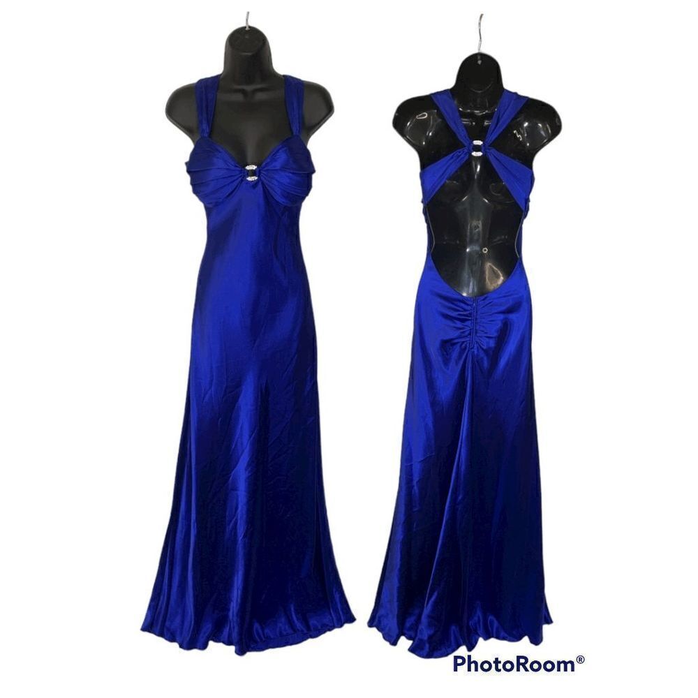B Darlin Royal Blue Satin Backless Maxi Dress